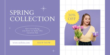 Ontwerpsjabloon van Twitter van Lenteuitverkoopaanbieding met vrouw met tulpenboeket in paars
