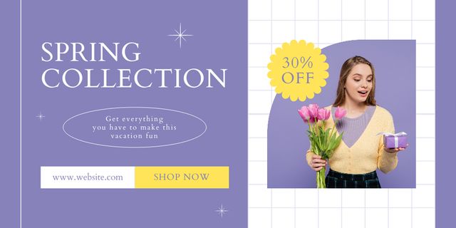 Ontwerpsjabloon van Twitter van Spring Sale Offer with Woman with Tulip Bouquet in Purple