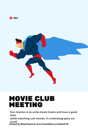 Plantilla de diseño de club de cine reunión hombre en traje de superhéroe Invitation 5.5x8.5in 