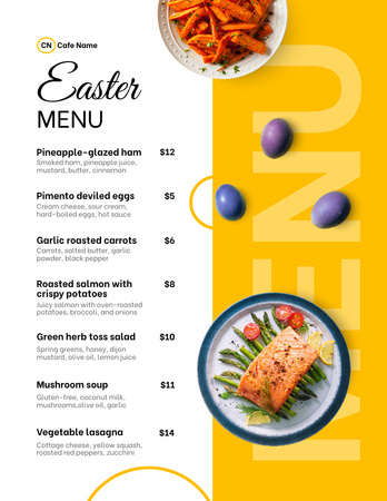Designvorlage Angebot an festlichen Ostermahlzeiten auf Gelb für Menu 8.5x11in