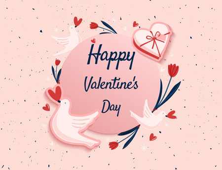 Plantilla de diseño de Feliz día de San Valentín saludo en rosa con lindas palomas Thank You Card 5.5x4in Horizontal 