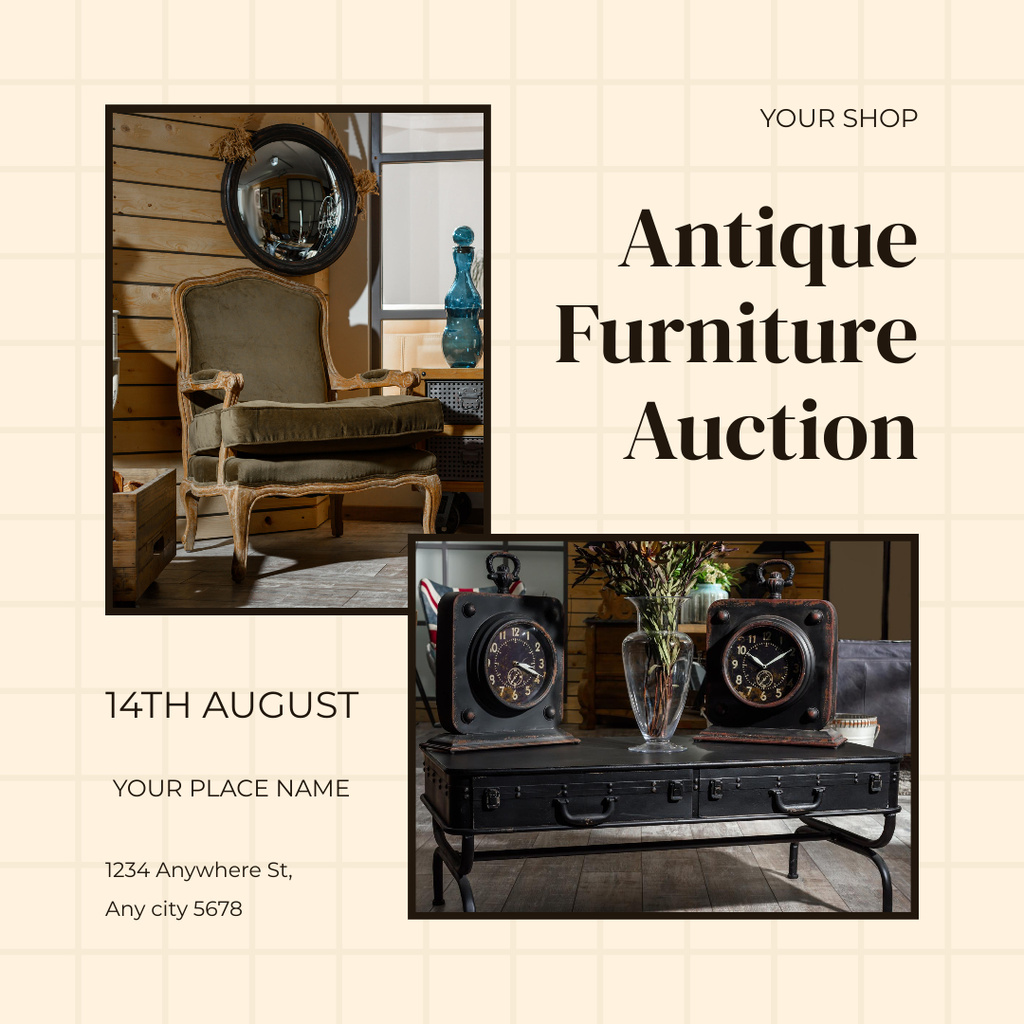 Ontwerpsjabloon van Instagram van Antique Furniture Auction Announcement In Summer