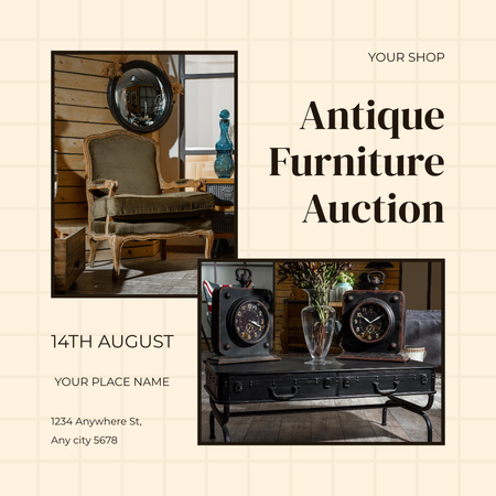 Designvorlage Ankündigung einer Auktion für antike Möbel im Sommer für Instagram