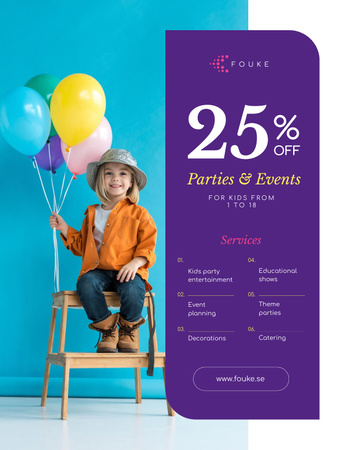 Plantilla de diseño de Servicio de organización de fiestas y eventos con niña sosteniendo globos. Poster US 