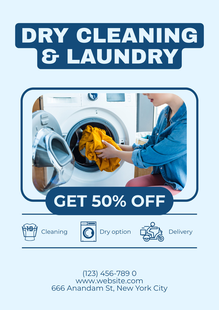 Offer of Dry Cleaning Services with Clothes in Washing Machine Poster Tasarım Şablonu