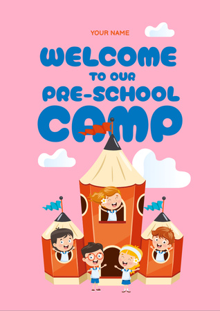 School Camp Invitation with Cheerful Children on Vacation Flyer A4 Design Template