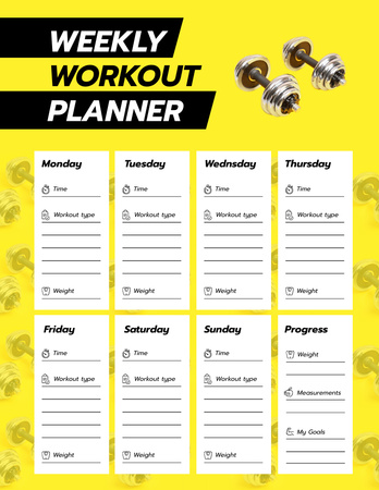 Weekly Workout Planner with Dumbbells in Yellow Notepad 8.5x11in Design Template