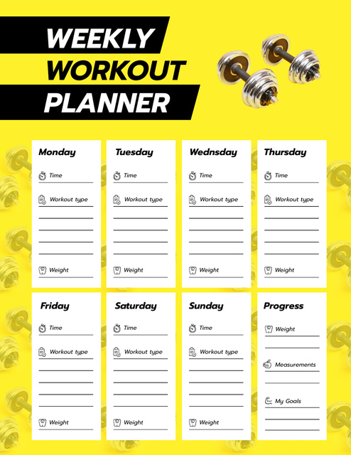 Weekly Workout Planner with Dumbbells in Yellow Notepad 8.5x11in Šablona návrhu