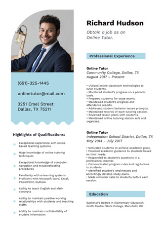 Online Tutor Skills and Experience with Man in Suit Resume Design Template