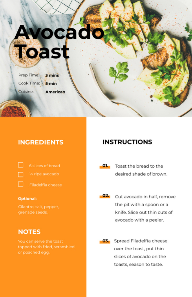 Delicious Avocado Toast Recipe Card Modelo de Design