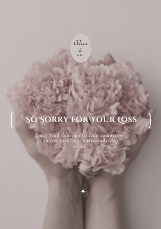 Designvorlage Sympathie-Phrase mit rosa Blumen-Blumenstrauß in den Händen für Postcard A5 Vertical