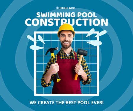 Ontwerpsjabloon van Facebook van Aanbieding zwembadbouwservices met glimlachende bouwer
