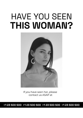 Missing Woman Announcement on Black and White Background Poster 28x40inデザインテンプレート