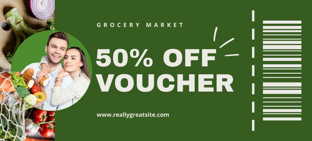 Voucher For Fresh Vegetables In Grocery Market Coupon 3.75x8.25in Design Template