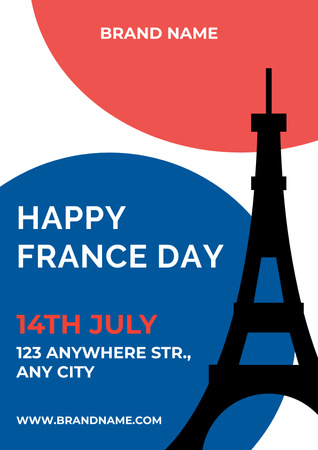 French National Day Celebration Announcement with Eiffel Tower Silhouette Poster Design Template