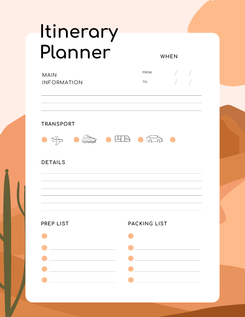 Itinerary Planner with Desert Illustration Notepad 8.5x11in Design Template