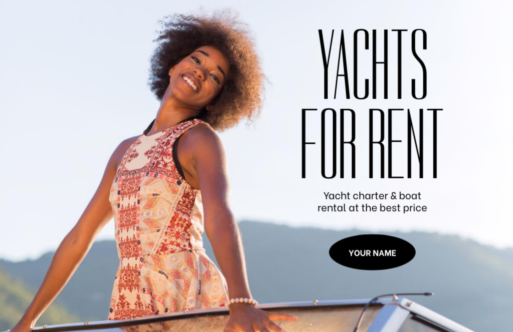 Ontwerpsjabloon van Flyer 5.5x8.5in Horizontal van Yacht Rent Offer with Black Woman on Boat
