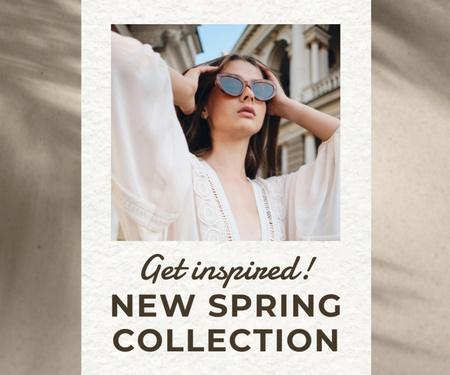 Template di design Nuova collezione primaverile con giovane donna in occhiali da sole Medium Rectangle