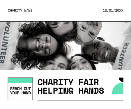 Designvorlage Wohltätigkeitsmesse mit lächelnden Freiwilligen im Kreis für Facebook