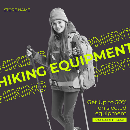 Platilla de diseño Hiking Equipment Discount Ad with Smiling Woman Instagram AD