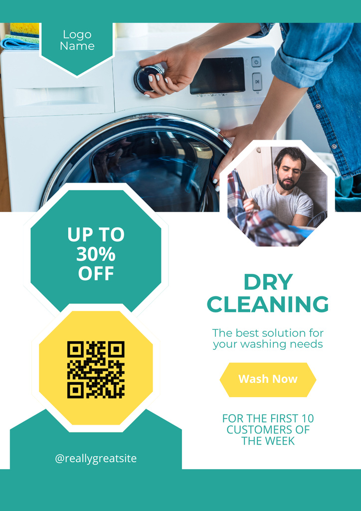 Dry Cleaning Services Ad with Man doing Laundry Poster Tasarım Şablonu