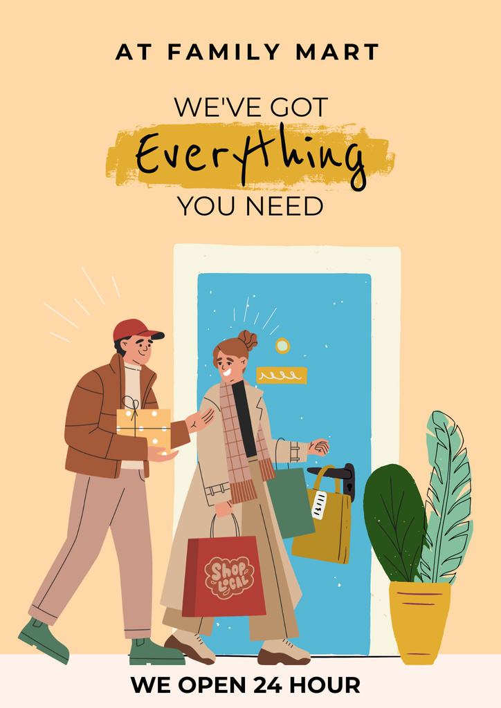 Day And Night Family Shop With Illustration Poster Šablona návrhu