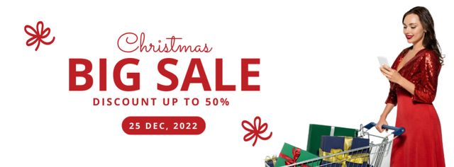 Template di design Beautiful Woman with Shopping Trolley at Christmas Sale Facebook cover