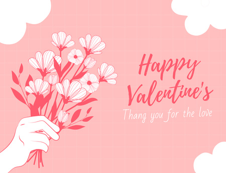 Congratulations on Valentine's Day with Bouquet of Flowers in Pink Color Thank You Card 5.5x4in Horizontal Design Template