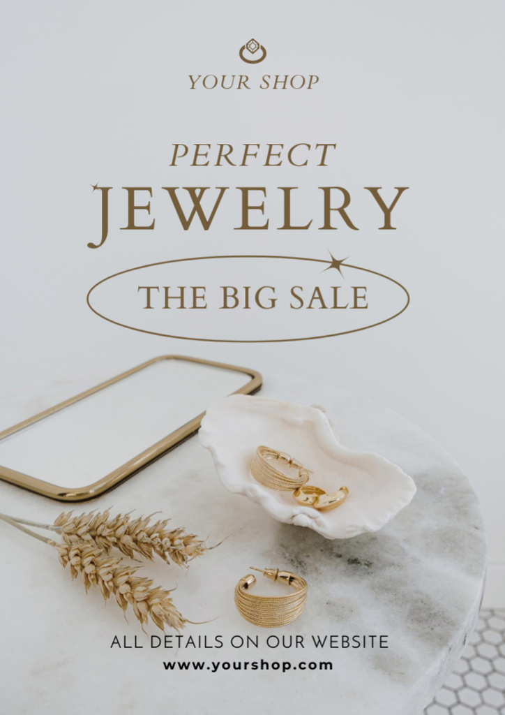 Modèle de visuel Jewelry Promotion with Golden Earrings in Seashell on Marble Table - Flyer A4