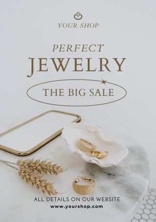 Plantilla de diseño de Promoción de joyas con aretes dorados en conchas marinas sobre mesa de mármol Flyer A4 