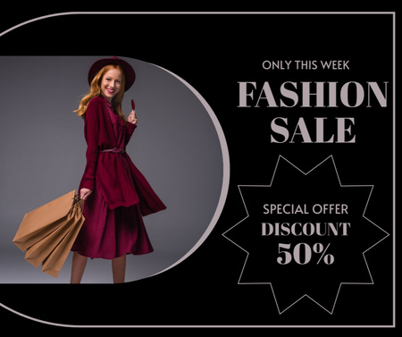 Modèle de visuel Annonce de vente de mode élégante avec une femme en robe rouge - Facebook