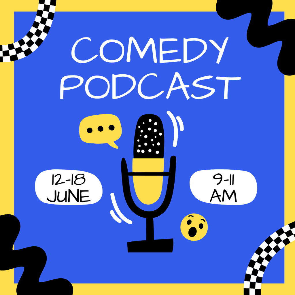 Announcement of Comedy Podcast with Cartoon Microphone Instagramデザインテンプレート