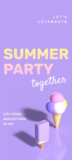 Summer Party Announcement with Sweet Ice Cream on Purple Invitation 9.5x21cm – шаблон для дизайна