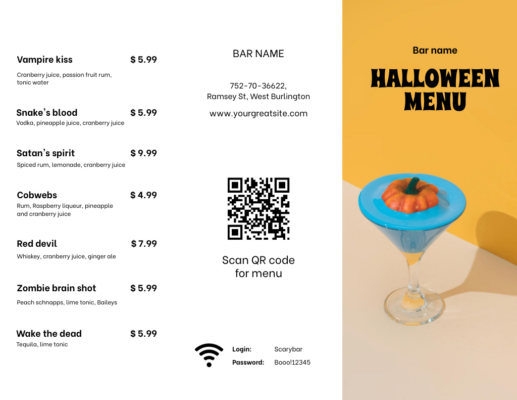 Cocktails Offer on Halloween  Menu 11x8.5in Tri-Fold Πρότυπο σχεδίασης