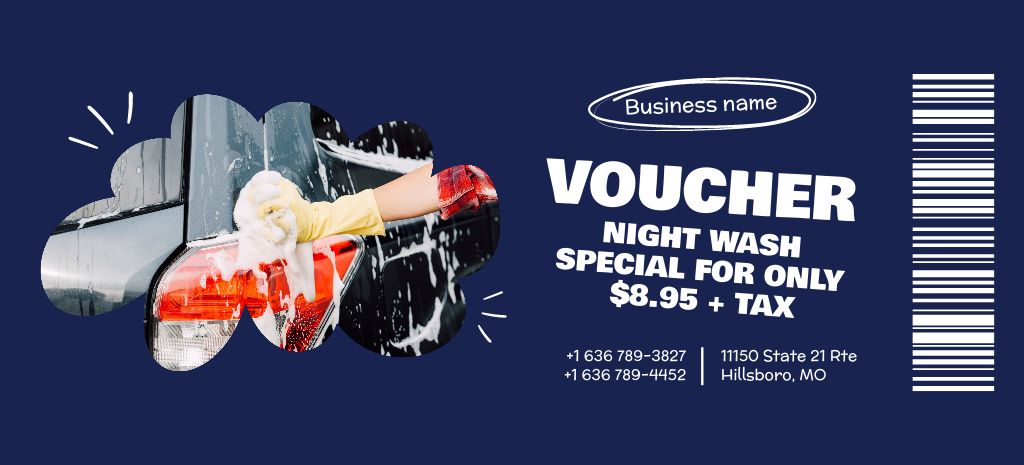 Voucher on Night Car Wash on Blue Coupon 3.75x8.25in Design Template