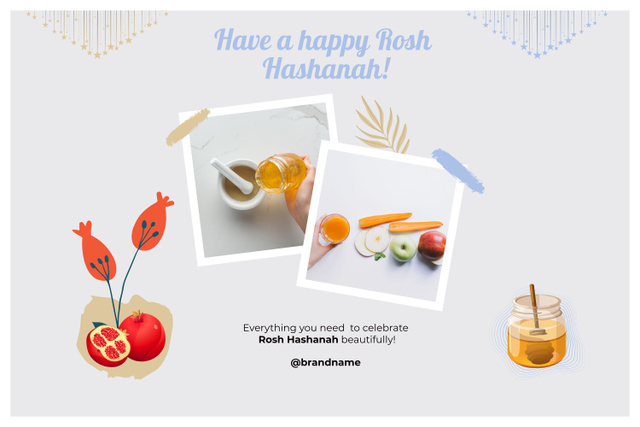 Happy Rosh Hashanah Celebration With Honey And Fruits Mood Board Design Template