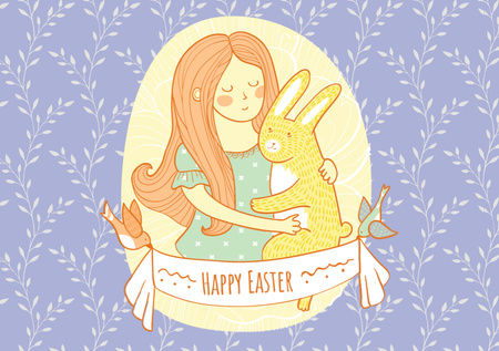 Easter Greeting With Girl Hugging Bunny Postcard A5 – шаблон для дизайну