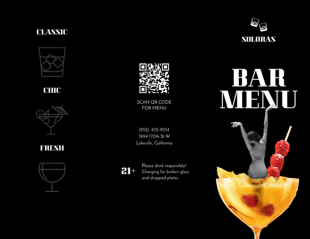 Cocktails And Alcohol Beverages List Menu 11x8.5in Tri-Fold Design Template
