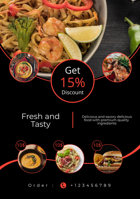 Restaurant Offer with Tasty Noodles with Seafood Flyer A5 Design Template