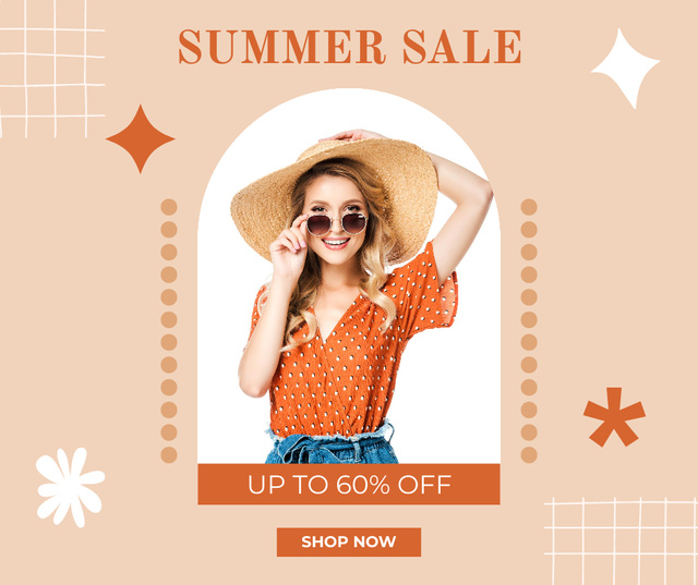 Fashion Female Clothes Sale with Woman in Hat Facebook Design Template