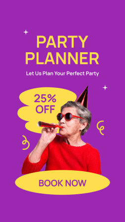 Ontwerpsjabloon van Instagram Video Story van Partyplanningsdiensten met grappige oude vrouw