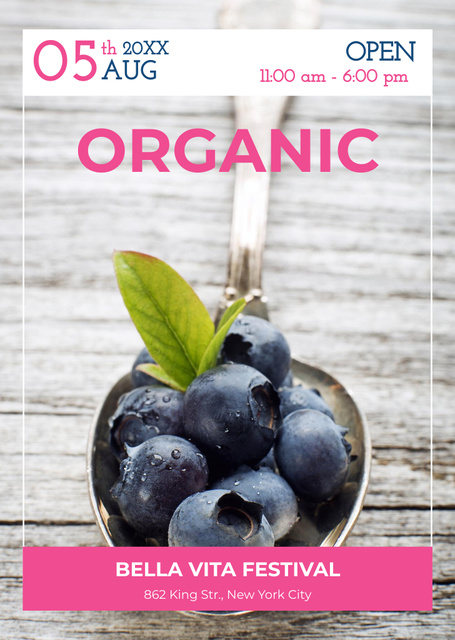 Organic Food Festival Promotion with Fresh Blueberries In Summer Flyer A6 Design Template