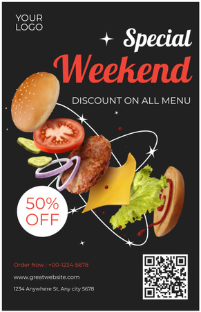 Ontwerpsjabloon van Recipe Card van Speciale weekendmenu-advertentie met korting op hamburger