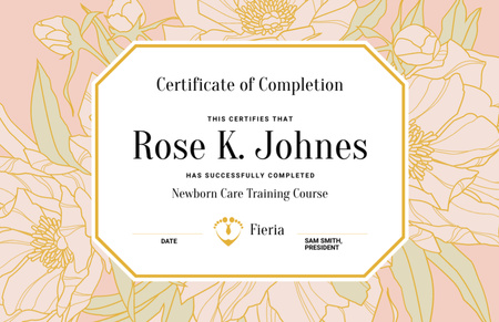 Newborn Care Training Course Completion in Flowers Frame Certificate 5.5x8.5in Design Template