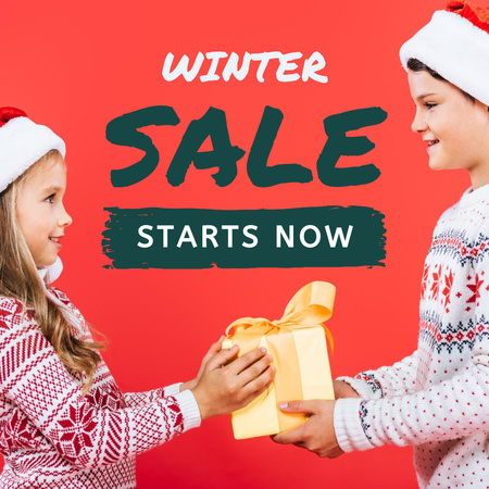 Winter Sale Announcement with Cute Kids Instagram Tasarım Şablonu