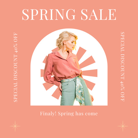 Designvorlage Frühlingsverkaufsmitteilung mit Blondine in Rosa für Instagram AD