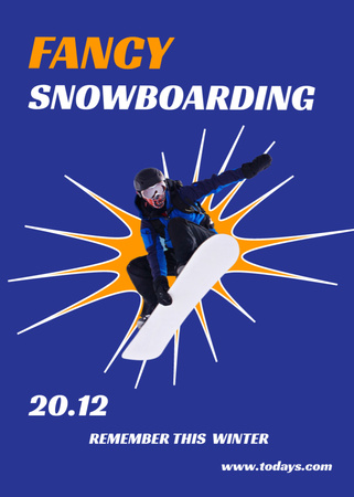 Plantilla de diseño de Snowboard Event announcement Man riding in Snowy Mountains Flayer 