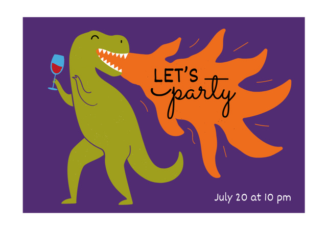 Party Announcement With Dinosaur Holding Wine Postcard A5 Design Template