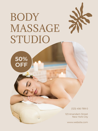 Designvorlage Body Massage Studio Ad mit junger schöner Frau für Poster US