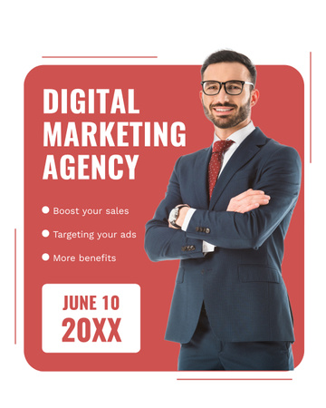 Digital Marketing Agency Service Offer with Smiling Businessman Instagram Post Vertical Modelo de Design